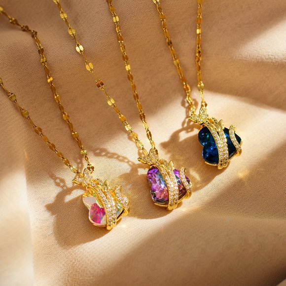 3/$35 18K Gold Plated Pendant Necklace Heart Butterfly Purple Cubic Zirconia - Picture 6 of 7